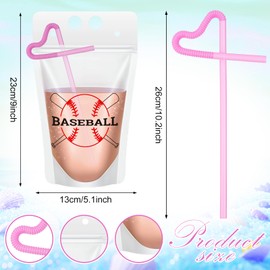 Seematn 24 Sets Baseball Print Drink Pouch with Straws for Adult Baseball Senior Night Gifts Reusable Drink Bag for Sports Team Party Supplies, 6 Styles