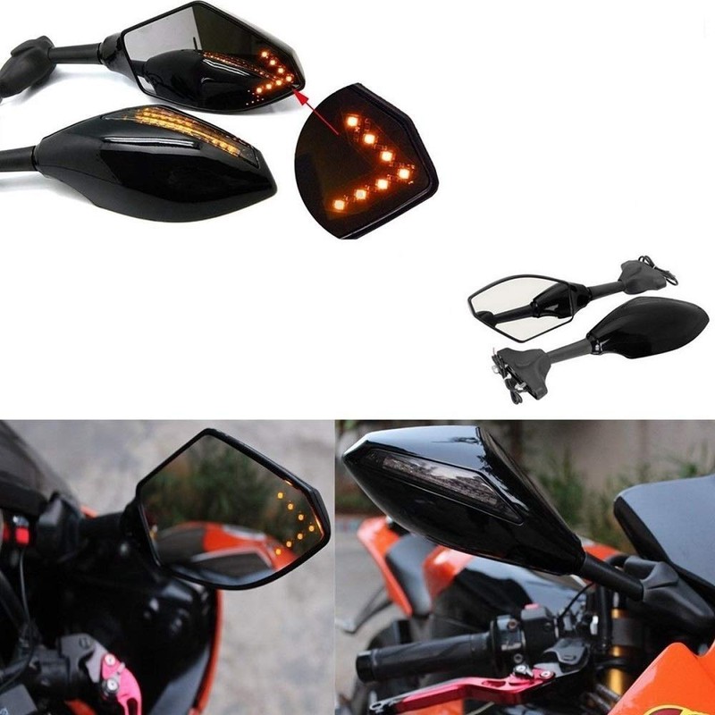 E-Bro Black Motorcycle Rearview Mirror with LED Turn Signal Lights