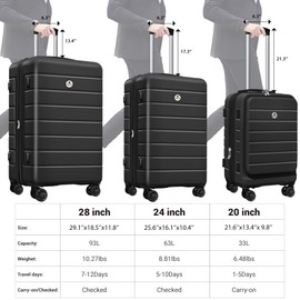 Classic 3-Piece Luggage Set Lightweight Hardside Suitcase TSA Lock Spinner Wheels, 20" Expandable Carry-On Luggage with Quick Access Front Open Pocket for Travel Business, 20/24/28 inch, Black