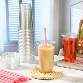 Ziliny 50 Sets Clear Plastic Cups with Heart Shaped Pink Straws and Lids, Disposable Iced Coffee Cups Drinking Pet for Cold Drinks, Wedding, Bridal Shower, Baby Showers, Party (Clear,18 oz)