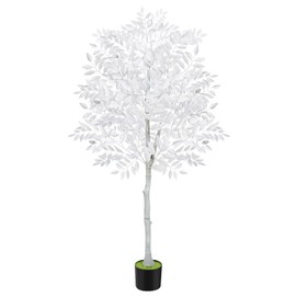 HEOMU 6FT Artificial Ficus Tree, Fake Ficus Tree with Black Pot, Faux Trees Indoor with White Silk Leaves, Tall Fake Plants for Living Room Bedroom Home Office Porch Indoor Outdoor Decor