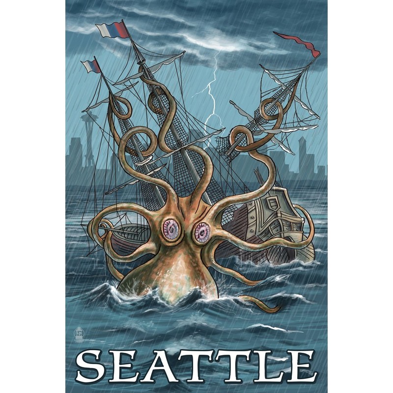 Seattle, Washington, Kraken Attacking Ship (Absorbent Ceramic Coaster, Single, Cork