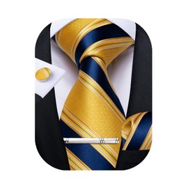 DiBanGu Mens Striped Tie Silk Woven Necktie and Pocket Square Cufflinks Tie Clip Set Wedding Business Formal Gift Tie for Men, Yellow and Blue