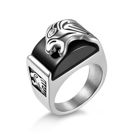 Mens Lion Ring Stainless Steel Silver Unique Statement Signet Onyx Ring Size 12