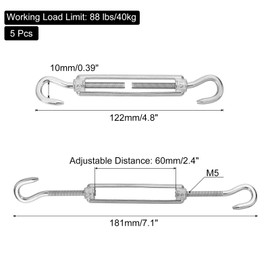 MECCANIXITY M5 Hook and Hook Turnbuckles for Cable Wire Rope Tension, 304 Stainless Steel Turnbuckle Adjustable for Shade Sail String Light Hanging Pack of 5
