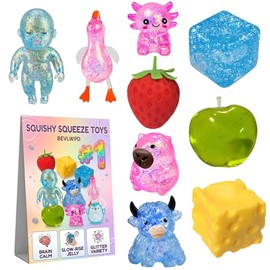 9 Pack Squishy Toys Squeeze Slow Rising Fidget Toy Sugar Filled Stress Ball Glitter Color Changing Cute Food-Shaped Highland Cow Cheese Strawberry Sugar Cube Duck Bear Crunchy