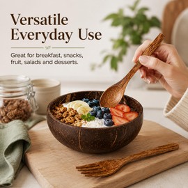 HANXIANG 3PCS Coconut Bowl and Wooden Spoon Set