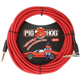 Pig Hog PCH20CAR Instrument Cable Candy Apple Red 1/4' to 1/4' 20 ft.Right Angle Woven Outer Covering Gold Plated 1/4"-1/4" Right Angle Connectors