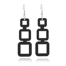 ANXIN STORE Boho Natural Wood Geometric Cutout Round Earrings Vintage Wooden Square Ethnic Drop Earrings For Women Jewelry Gifts (F Black woold earring)