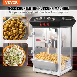 VEVOR Popcorn Maker, 850W Popcorn Popper Machine, 8 Oz Kettle Makes 48 Cups per Batch, Countertop Popcorn Maker with Tempered Glass, Includes 4 Scoops, Movie Theater Style, Black