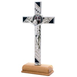 Saint Benedict Crucifix on Wooden Stand | Silver-Tone Metal Cross with Accents | Patron Saint of Students | Great Catholic Gift for First Holy Communion and Confirmation (Black)
