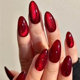 GLAMERMAID Red Magnet Cat Eyes Press on Nails Short Almond, Handmade Jelly Gel Fake Nail Kit, Ombre Rouge Glitter Magnetic Glue on Nail Stiletto, Scarlet Medium Oval Stick on False Nail Set for Women