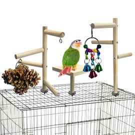 PINVNBY 3 PCS Small Bird Playground for Top of Cage, Wood Parrot Stands Perch Parakeet Play Stand Birds Gym Hanging Chewing Toys Outside Bird Cage Accessories for Conure Love Birds Budgie