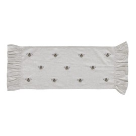 VHC Brands Embroidered Bee, Farmhouse Table Runner, Ruffled, Rectangle, Yellow Grey, 13x36