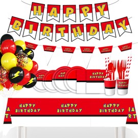 196Pcs Cartoon Animation Birthday Party Supplies Decorations for Birthday,Cartoon Theme Party Favors Including Banner, Plates, Cups, Napkins, Cutlery and Tablecloth for 24 Guests
