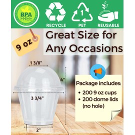 Aatriet [200 Sets] 9 oz Clear Plastic Cups with Lids (NO HOLE), Fruit Cups with Lids for Party, Disposable Parfait Cups with Dome Lids, Dessert Cups for Pudding, Cake, Ice Cream, Cupcake, Snacks