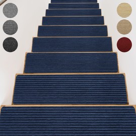 OXKVPVF Stair Treads for Wooden Steps - Non Slip Stairs Carpet Tape Peel and Stick with Double Adhesive Tape Set of 15 Stripe- Dark Blue