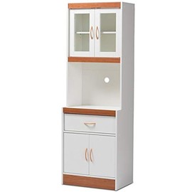 BOWERY HILL Contemporary Kitchen Pantry Cabinet with Hutch, Storage Drawer in White and Cherry
