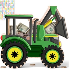 Uniwooder Wooden Tractor Piggy Bank for Kids, Tractor Money Box for Boys, Unbreakable Toddler Farm Vehicle Coin Bank, Educational Toys for Boys Girls, Kids Bank with Stickers for Birthday Gifts