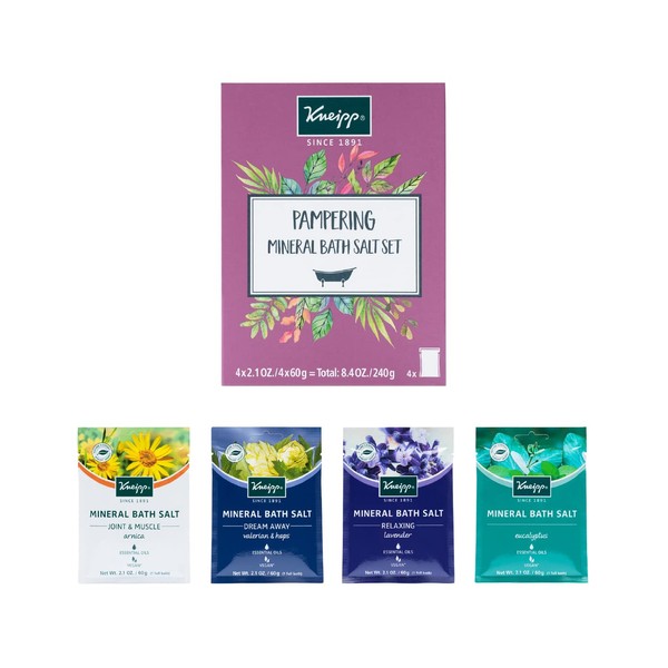 Kneipp Mineral Bath Salt Pampering Gift Set, Lavender, Dream Away, Arnica for Joints, Refreshing Eucalyptus, 2.1 Ounce 4-Pack
