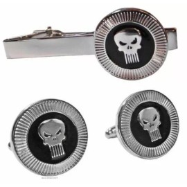 The Punisher Skull Logo Enamel Metal Cufflinks and Tie Clip Set