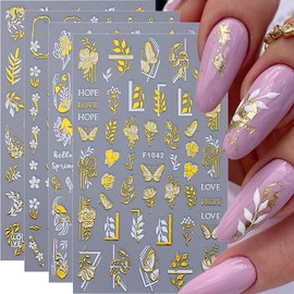 8Sheet Laser Gold White Flower Nail Stickers For Nail Art,Spring Summer Leaves Flowers Nail Art Stickers 3D Butterfly Floral Nail Decals For Women Nail Design Nail Decor Nail Supplies Nail Accessories
