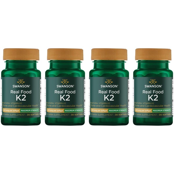 Swanson Maximum Strength Vitamin K2 (Menaquinone-7)-Vitamin Supplement Supporting Cardiovascular and Bone Health-Made from Japanese Natto to Help Regulate Calcium (30 Softgels, 200mcg Each) 4 Pack