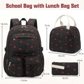 Lrenagao Cherry School Backpack for Girls, 3PCS Kids Teens Bookbag Set with Lunch Box and Pencil Pouch Elementary Middle School Bag Laptop Back Packs - Black