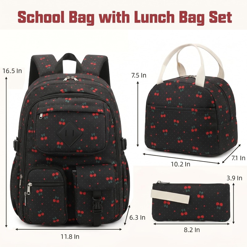 Lrenagao Cherry School Backpack for Girls, 3PCS Kids Teens Bookbag