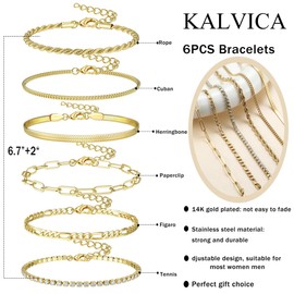 KALVICA Women's Gold Anklets Bracelet, Partner Bracelets Set, Bracelet, Jewellery, Adjustable Bracelet, Electroplated, 14 K Gold, Pack of 6, Stainless Steel