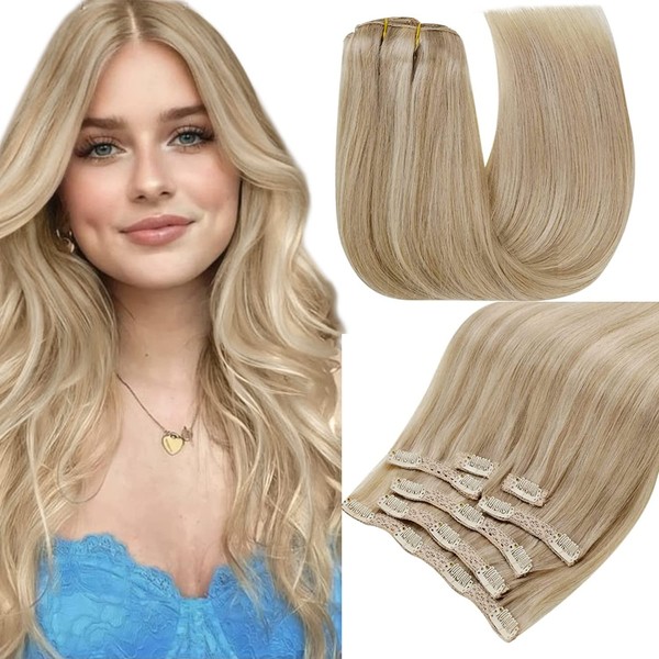 RUNATURE Real Hair Clip-In Extensions, Dark Ash Blonde with Golden Blonde, Real Hair Clip-In Extensions, 80 g, 30 cm, #16P22