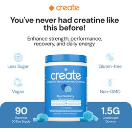 Create Creatine Monohydrate Gummies for Men & Women, Boost Focus, Strength, and Endurance, Anti-Melting Formula, Vegan, Gluten-Free, Non-GMO, 1.5g of Creatine per Gummy (Blue Raspberry)