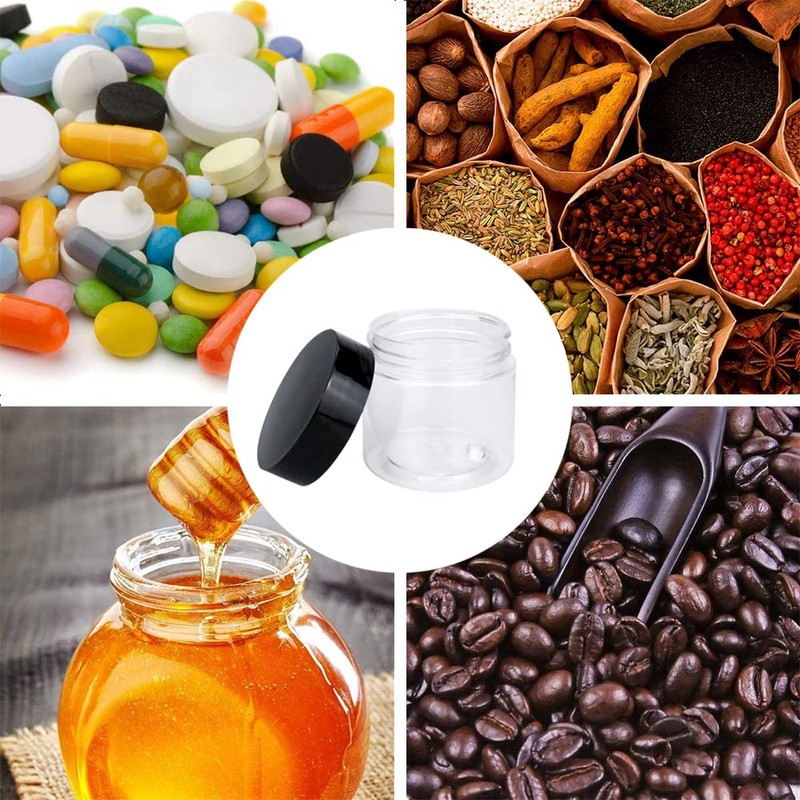 BiBiFly 60ml 30pcs Clear Plastic Round Jars with Black Lids,