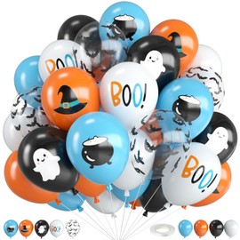 Halloween Balloons,12 Inch Blue White Orange and Black Balloons with Boo,Ghost,Hat,Bat Design for Bluey Halloween Baby Shower Birthday Wedding Engagement Gender Reveal Party Decorations