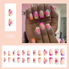 Flower Press on Nails Short Square Fake Nails with Design Colorful Flower Glue on Nails Pink Purple Orange French tips Stick on Spring Nails Reusable Summer False Nails for Women Girls Manicure 24pcs