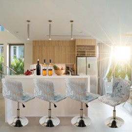 FUANGUI Bar Stool Covers Set of 4, Stretch Bar Stool Chair Cover Slipcovers, Floral Print Counter Stool Bar Chair Covers for Kitchen Pub Dining Room (Leaf Grey Blue)