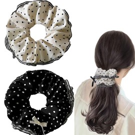 Soft Organza Lace Scrunchies for Women girls, polka dot Hair accessories, Elegant lace small bow hair bands ponytail thin curly hairs