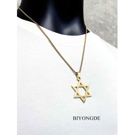 BIYONGDE Mens Womens Flat Star of David Pendant, 24 Inches Chain Necklace, Gold Color Steel, Punk Rock