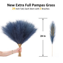 Navy Blue Faux Pampas Grass Extra Full, 24'' Tall 30 Stems with 90 Branches Artificial Pampas Grass Boho Decor, Artificial Flower Arrangements for Wedding Centerpieces, Vase Filler