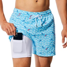 NIMENJOJA Mens 5" Swim Trunks with Compression Liner Quick Dry Stretch Board Shorts Zipper Pockets Beach Shorts