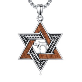 Qyvit Star of David Chai Necklace 925 Sterling Silver Star of David Necklace for Men Wooden Pendant Jewish Chai Jewelry Gifts for Men Women