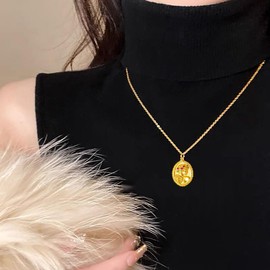 Angel Goddess Oval Medal Pendant Necklace for Women Yellow Gold Plated Double Sided Coin Disc Dainty Enamel Flower Pattern Charm Sweater Chain Choker Fashion Jewelry Anniversary Birthday for Her