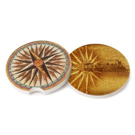 Car Coasters for Cup Holders Absorbent Ceramic car Cup Holder Coaster 2.56" Vintage Compass Car Coaster Set of 2 Pack, Cute Car Accessories to Keep Car Clean