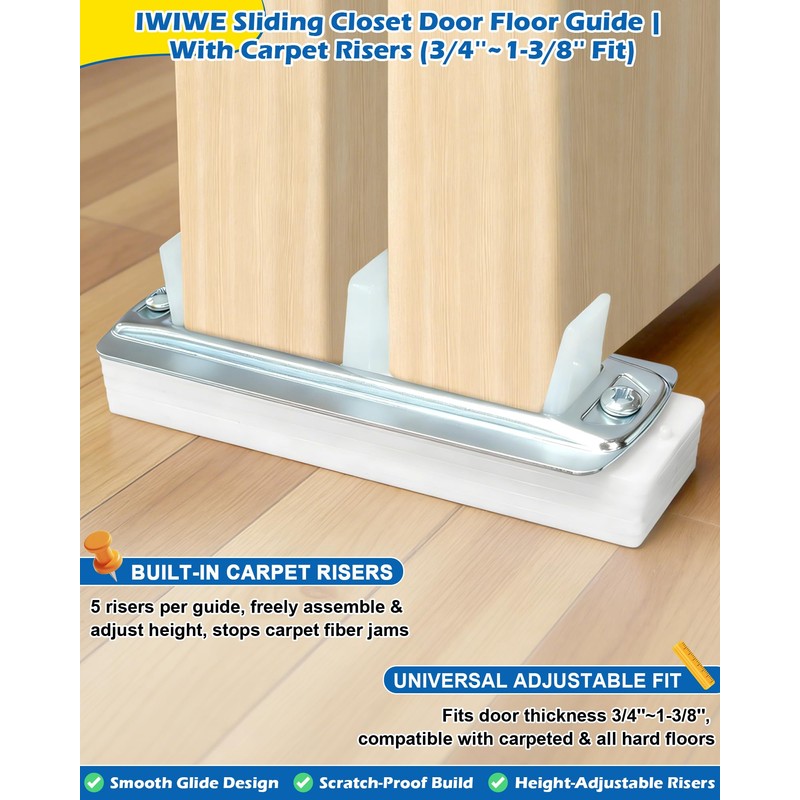 IWIWE Adjustable Sliding Closet Door Floor Guides with Carpet Risers