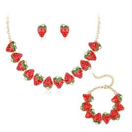 Ever Faith Strawberry Jewellery Set, Cute Fruit Red Strawberry Choker Collar Necklace Stud Earrings Bracelet Sets Costume Jewellery