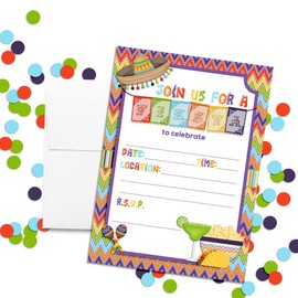 Mexican Fiesta Papel Picado Banner Themed Party Invitations for Birthday Celebration, Retirement, or Cinco De Mayo, 20 5"x7" Fill In Cards with Twenty White Envelopes by AmandaCreation