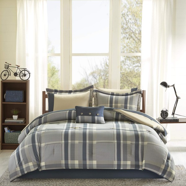 Intelligent Design Robbie Cozy Comforter Set Bed in A Bag, Modern Casual All Season Bedding Set, Matching Sham, Decorative Pillow, Navy/Tan, Full, 9 Piece