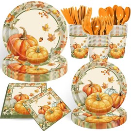 140 Pcs Thanksgiving Party Decorations, Thanksgiving Paper Plates and Napkins, Disposable Pumpkin Plates, Cups, Napkins and Cutlery for Harvest Autumn Holiday Party Serves 20
