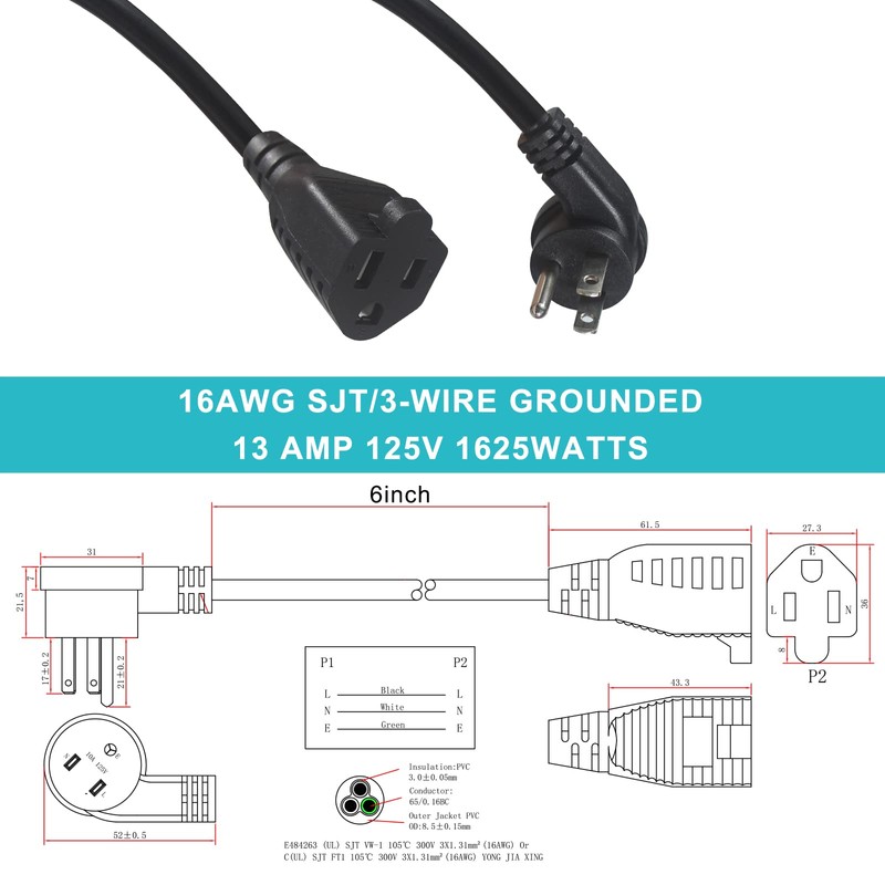 [2 Pack] Flat Plug Short Power Extension Cord - 6inch