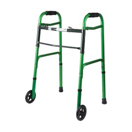 DMI Lightweight Aluminum Folding Walker with Easy Two Button Release, 5 Inch Wheels, Adjustable Height, Green